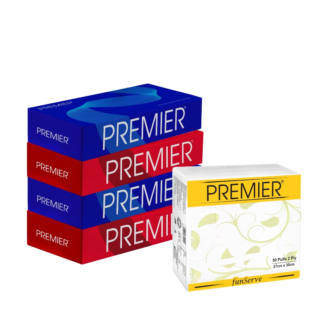 Four Premier Tissue Paper Box 50s and one Premier FunServe Napkin 50s pack