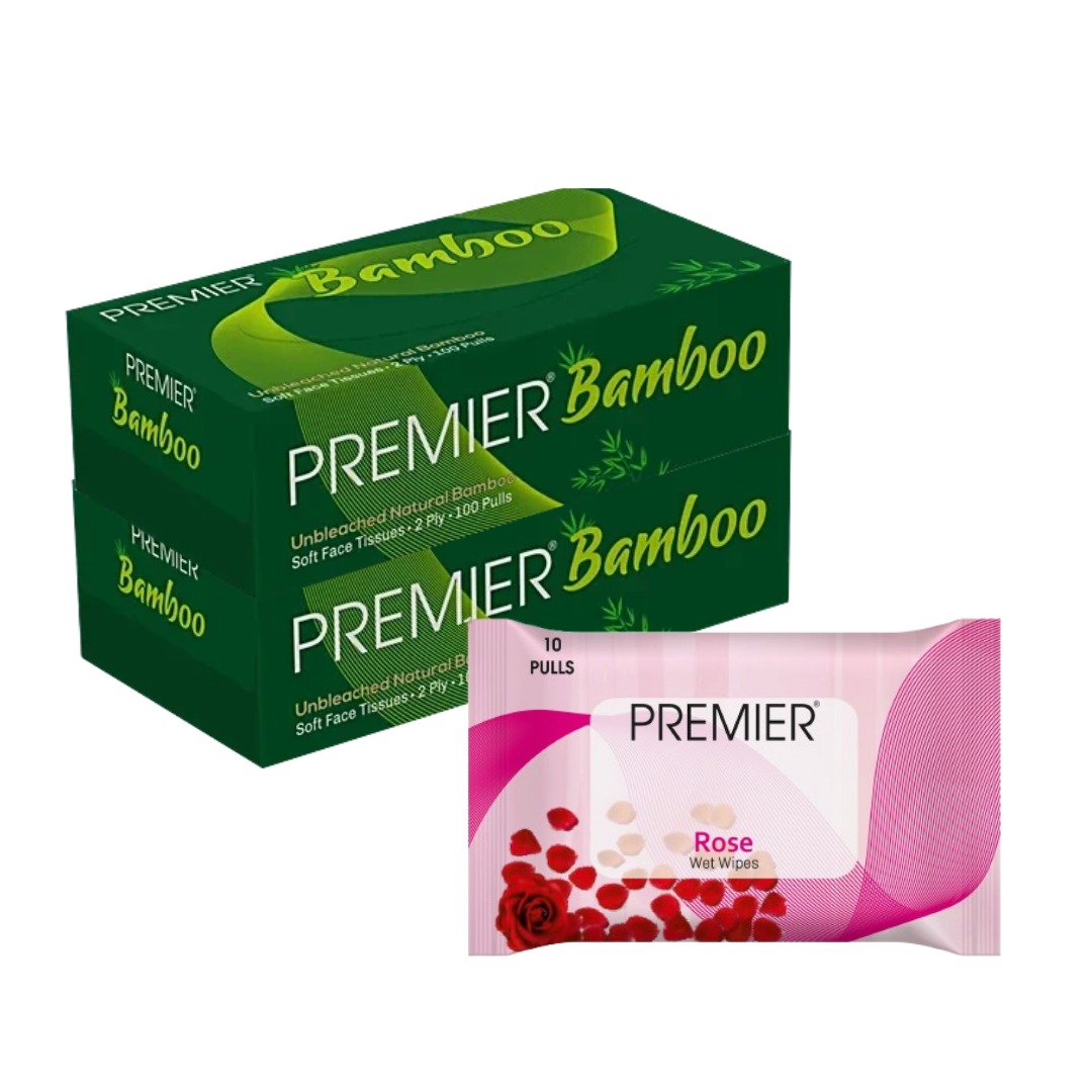 Premier Bamboo Soft Face Tissues 100 pulls — two tissue packs and one 10-pull wet wipes pack