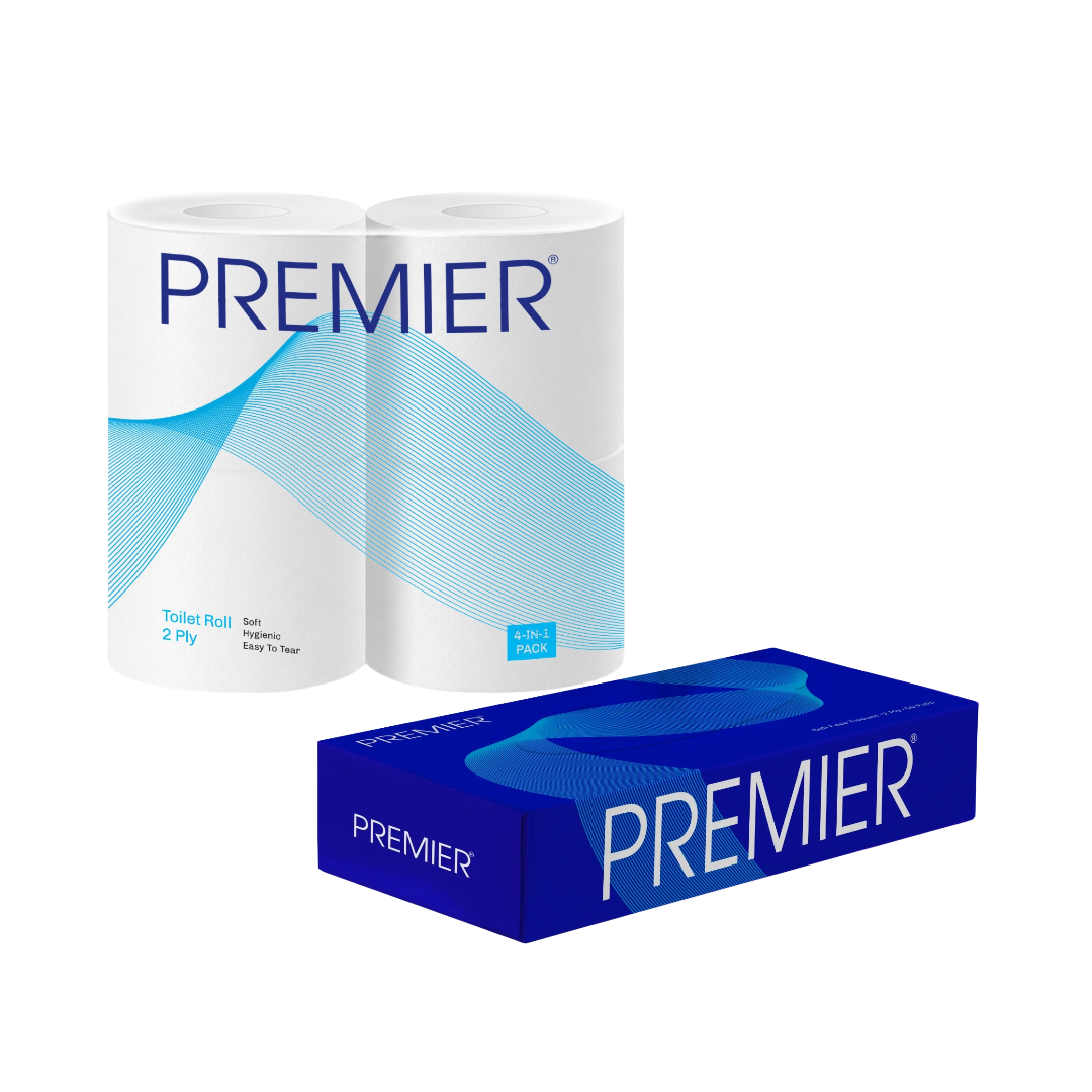 Premier Toilet Roll 300 Pulls 4-in-1 pack and one Tissue Paper Box 50s