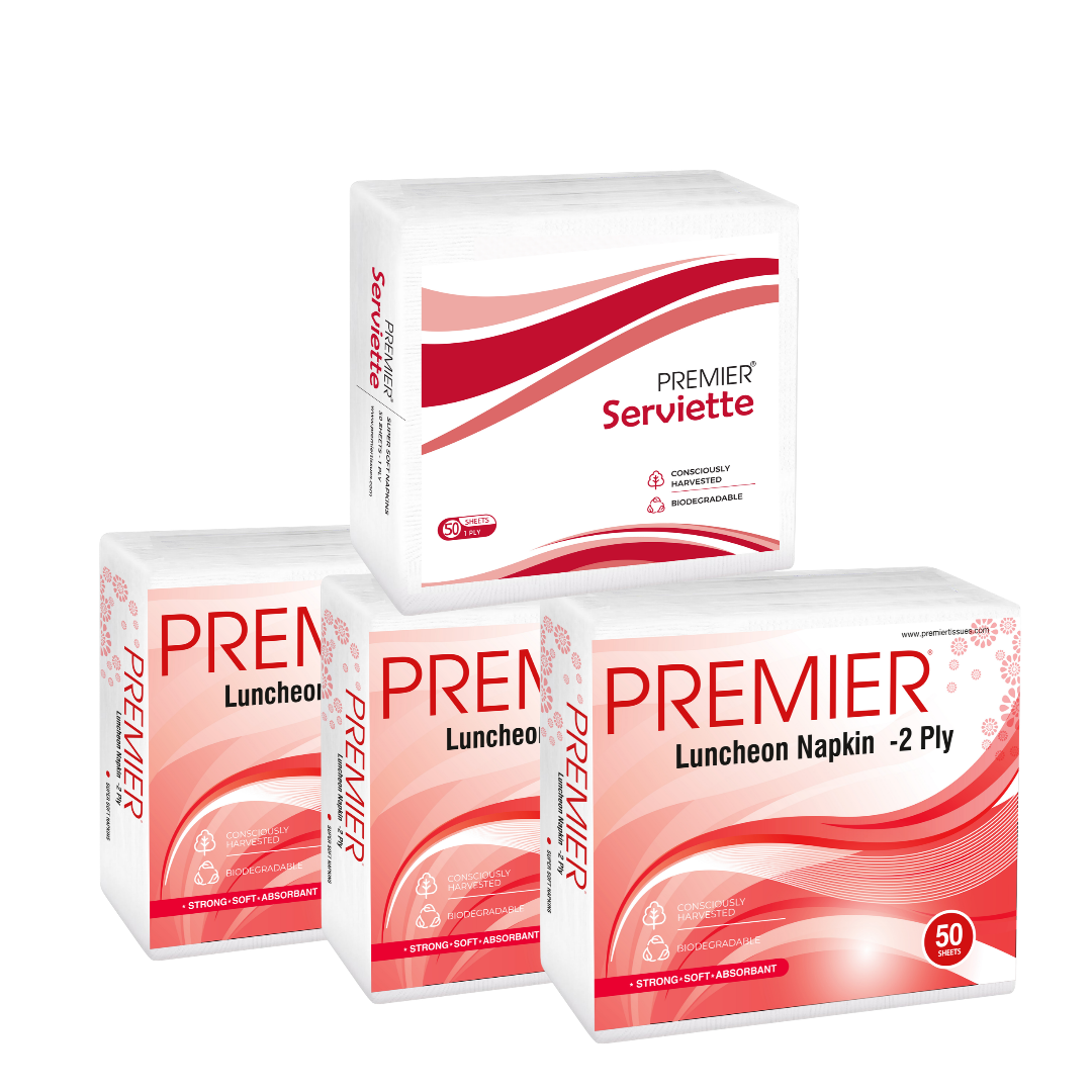 Three Premier Luncheon Napkin 50s 2 Ply packs and one Premier Serviettes 50s White pack