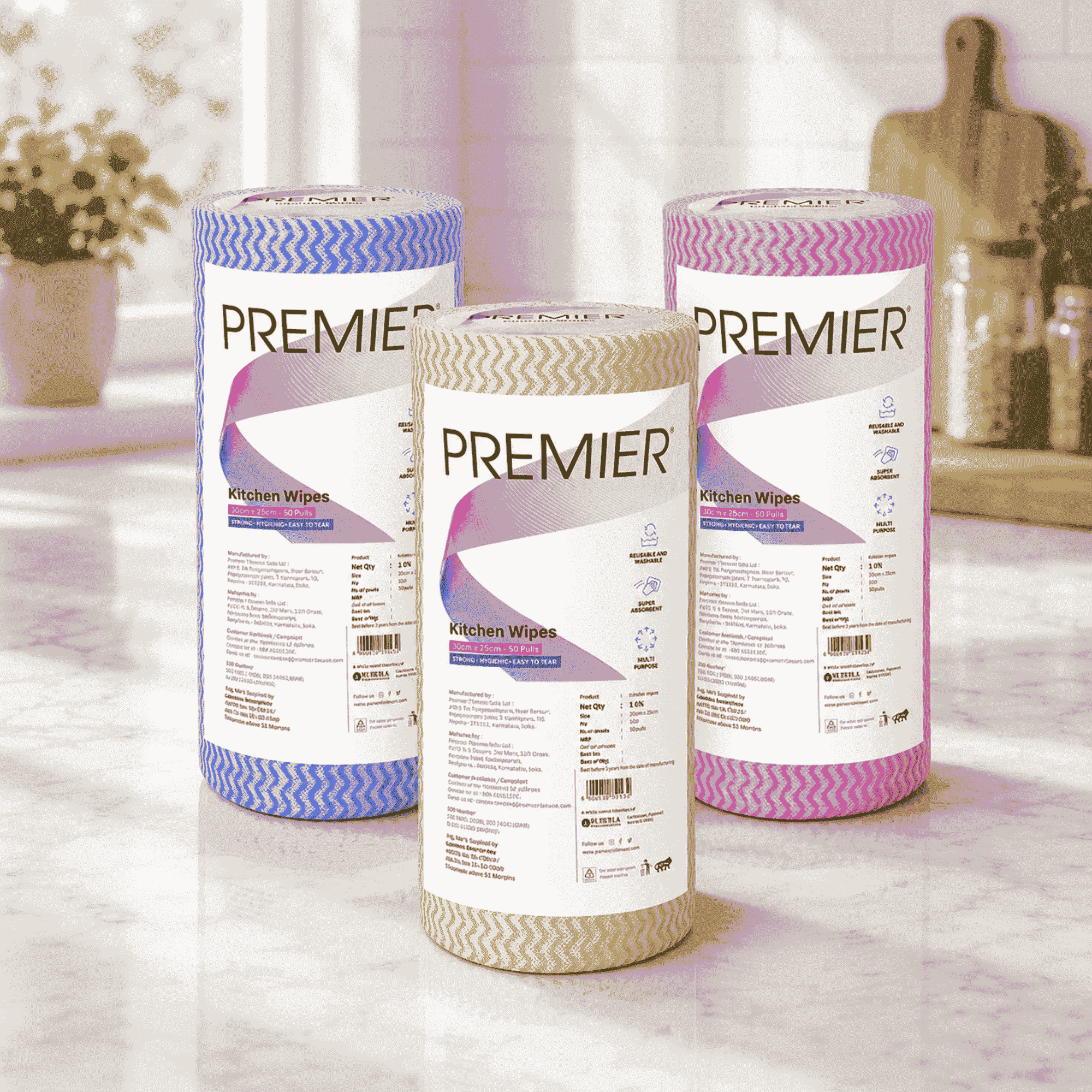 Premier Non Woven Kitchen Wipes 50 Pulls- Pack of 3