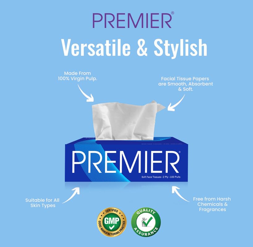 Premier Face Tissue Box 100 Pulls 4x1 - Pack of 2