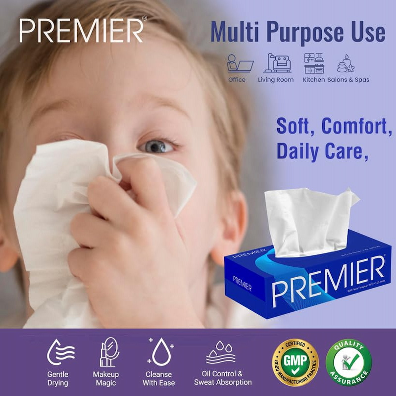 Premier Face Tissue Box 100 Pulls 4x1 - Pack of 2
