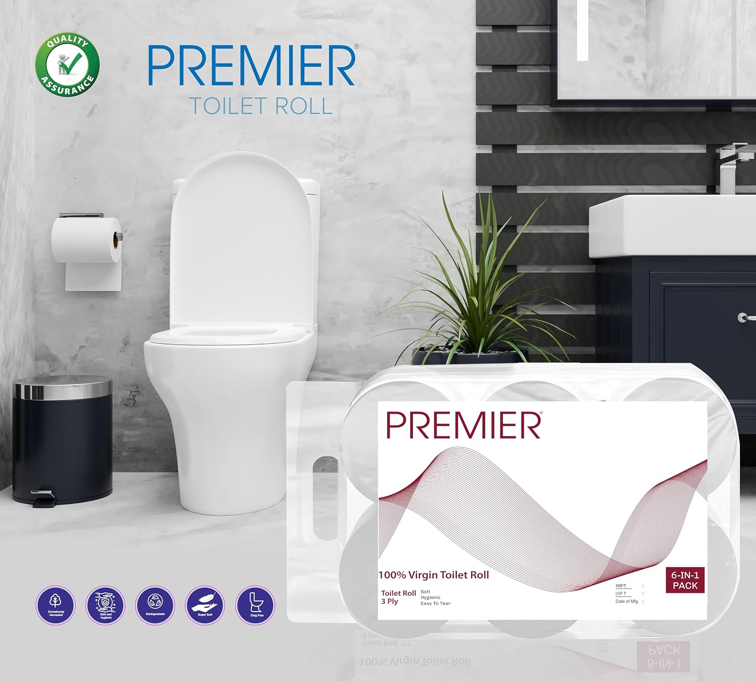 Premier Toilet Roll 300 Pulls 6x1 - Pack of 2