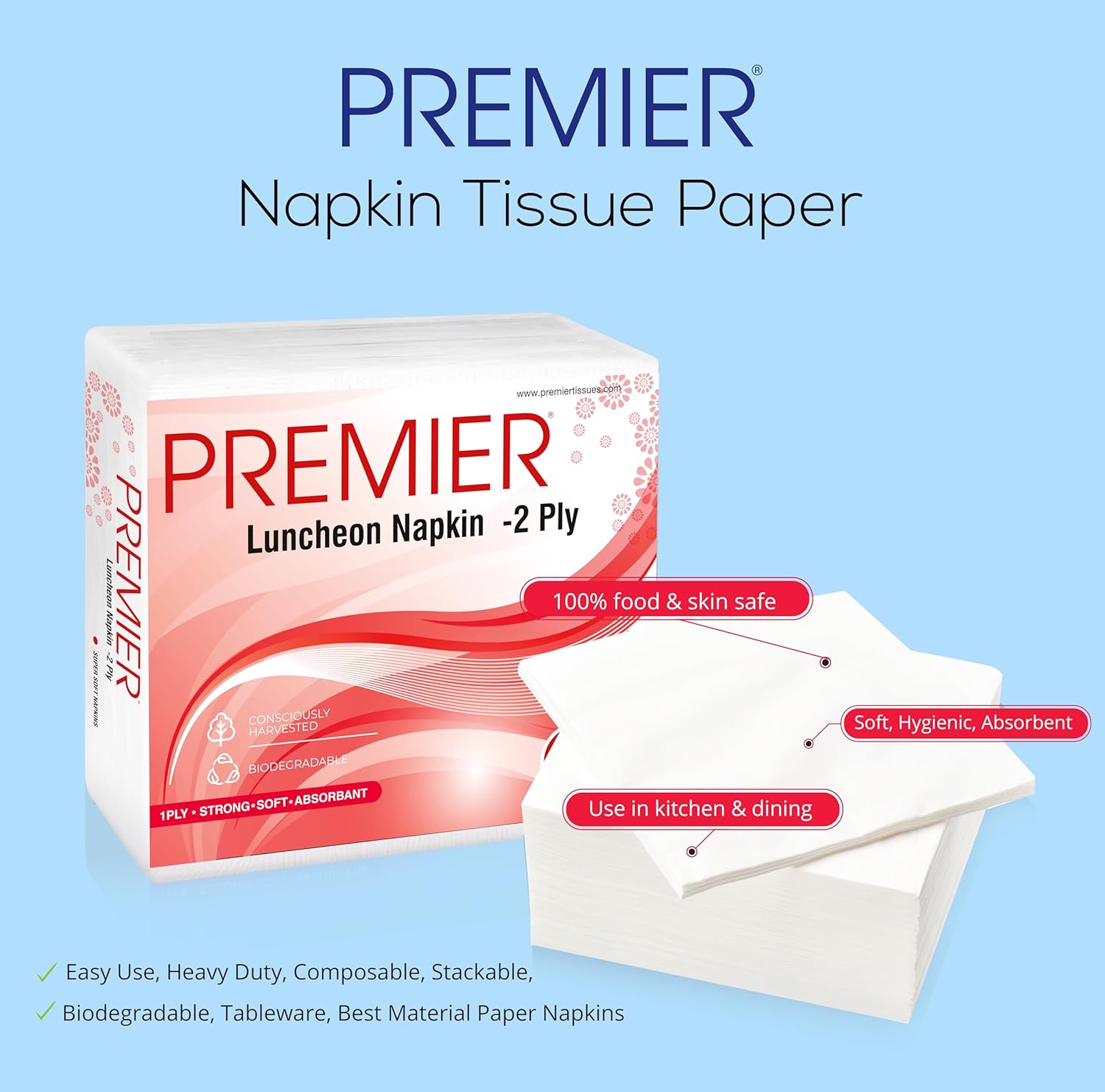 Premier Luncheon Napkins 2Ply 50 Pulls -Pack of 10