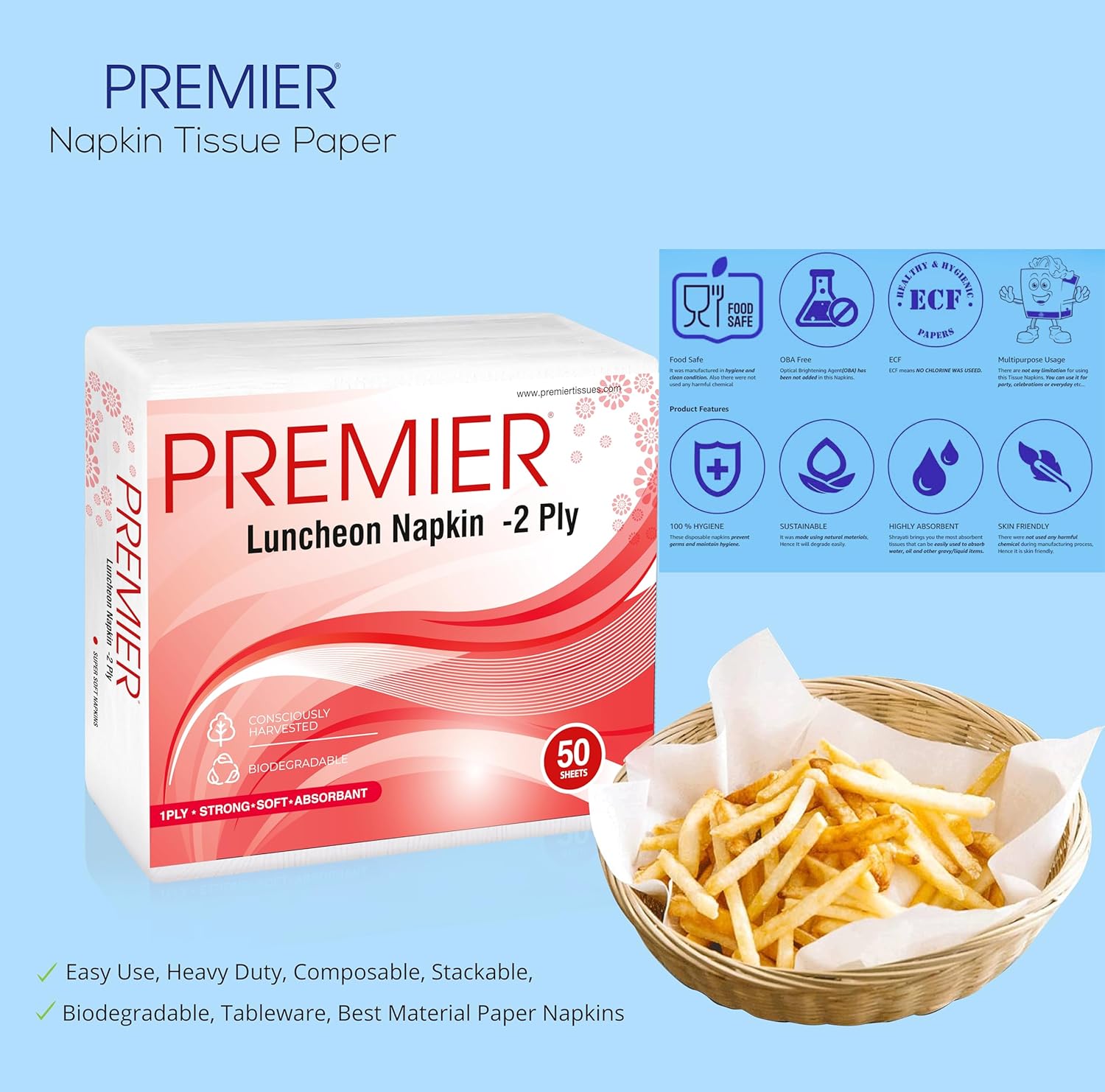 Premier Luncheon Napkins 2Ply 50 Pulls -Pack of 10