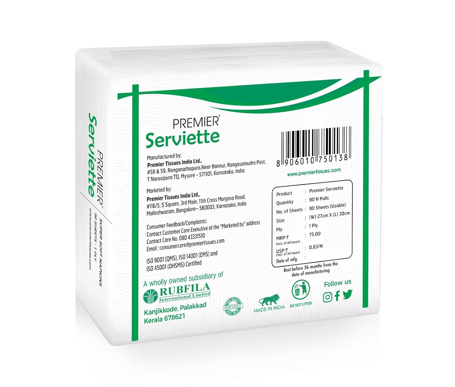 Premier Serviettes Napkins 50 Pulls - Pack of 10