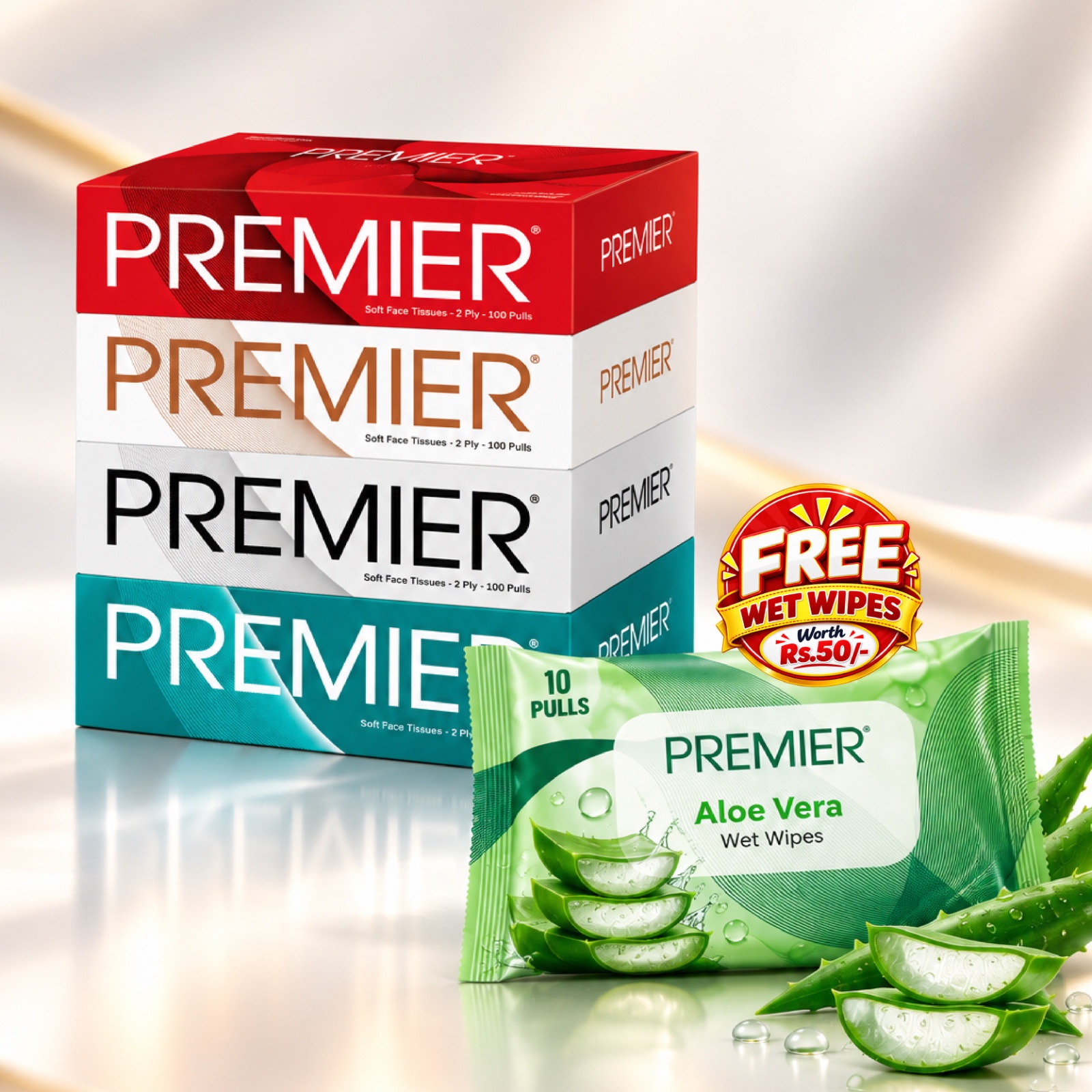 Premier Face Tissue Box 100 Pulls 4x1 – Pack of 1 with Free Wet Wipes Assorted