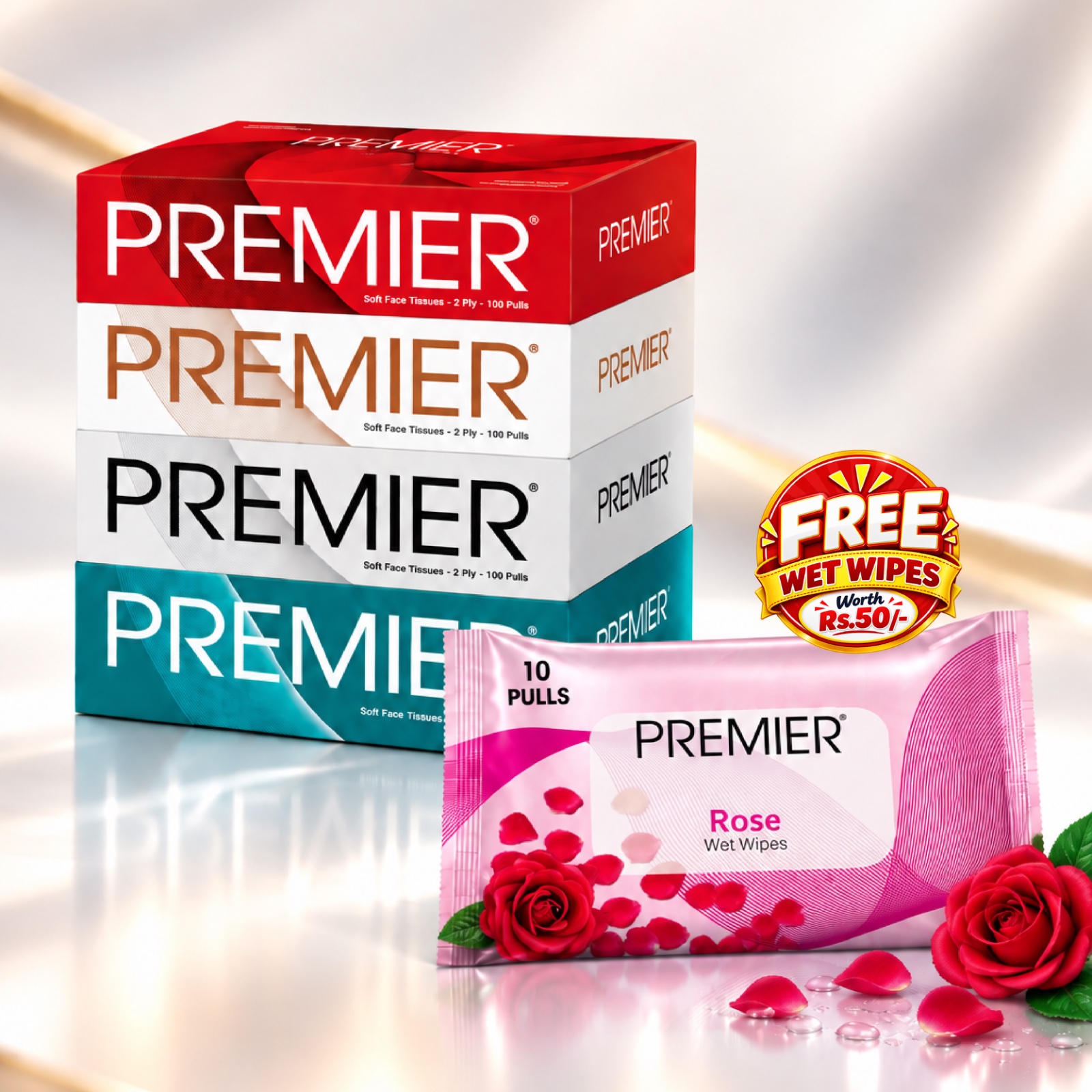 Premier Face Tissue Box 100 Pulls 4x1 – Pack of 1 with Free Wet Wipes Assorted