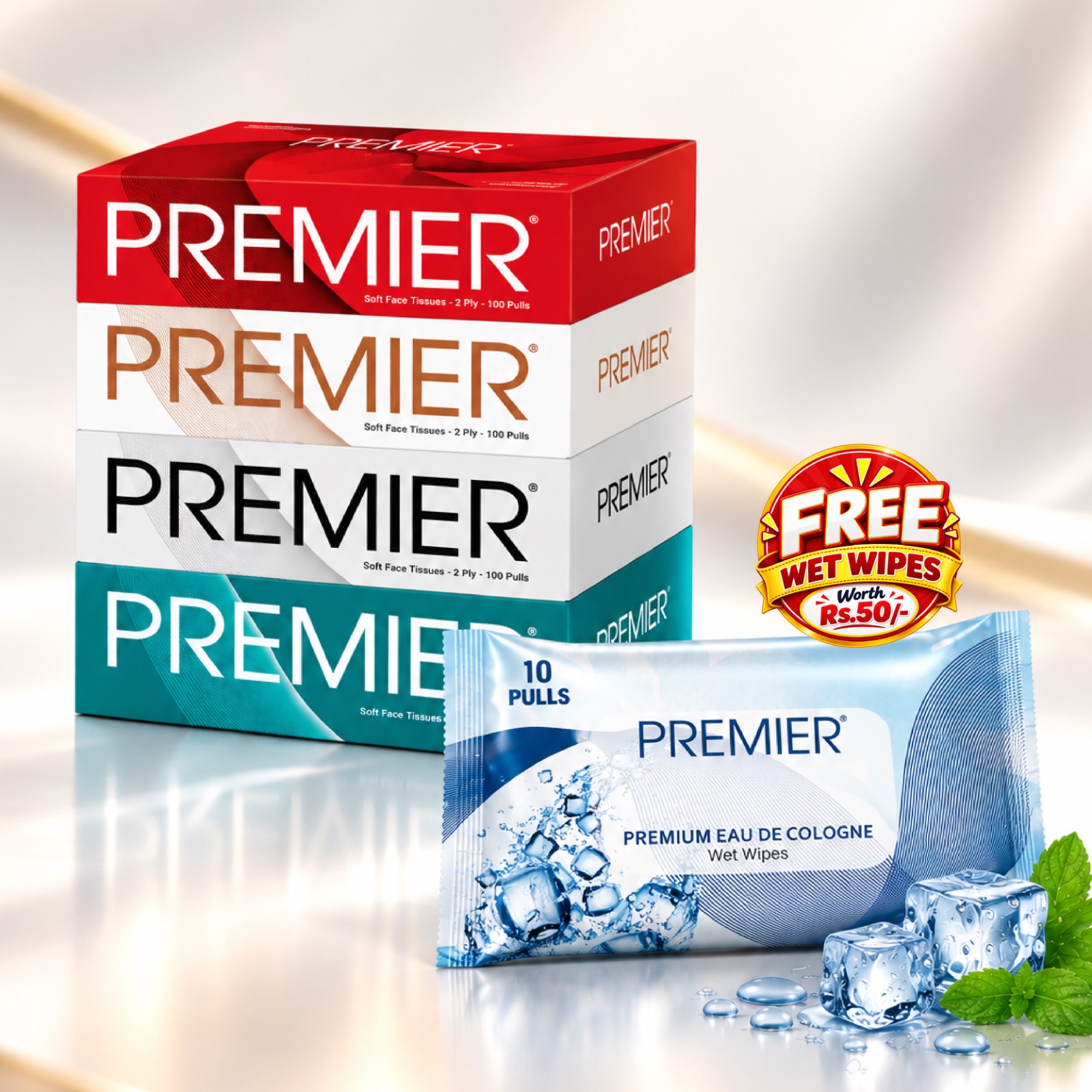 Premier Face Tissue Box 100 Pulls 4x1 – Pack of 1 with Free Wet Wipes Assorted