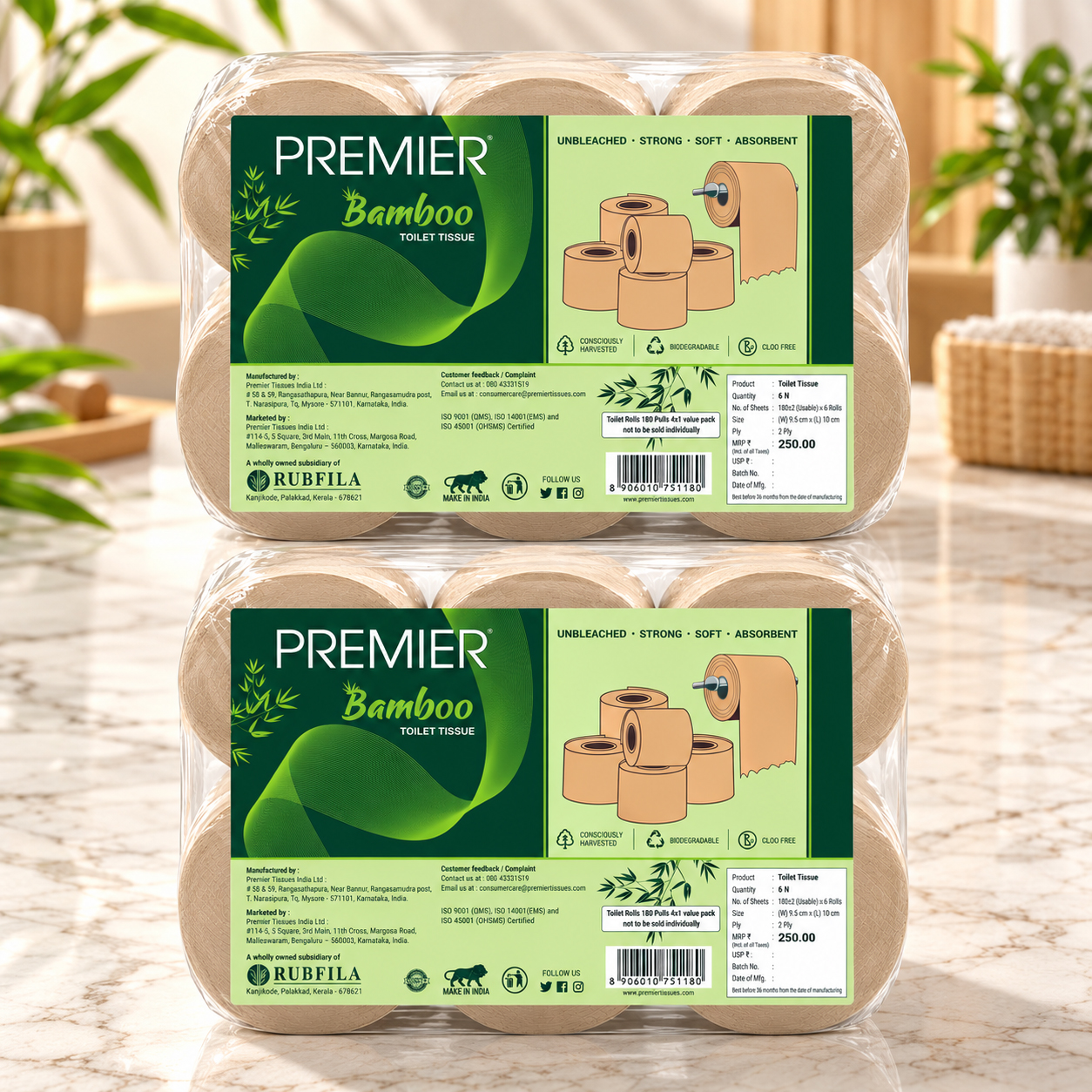 Premier Bamboo Toilet Rolls 2 ply 180 Pulls 6x1 - Pack of 2