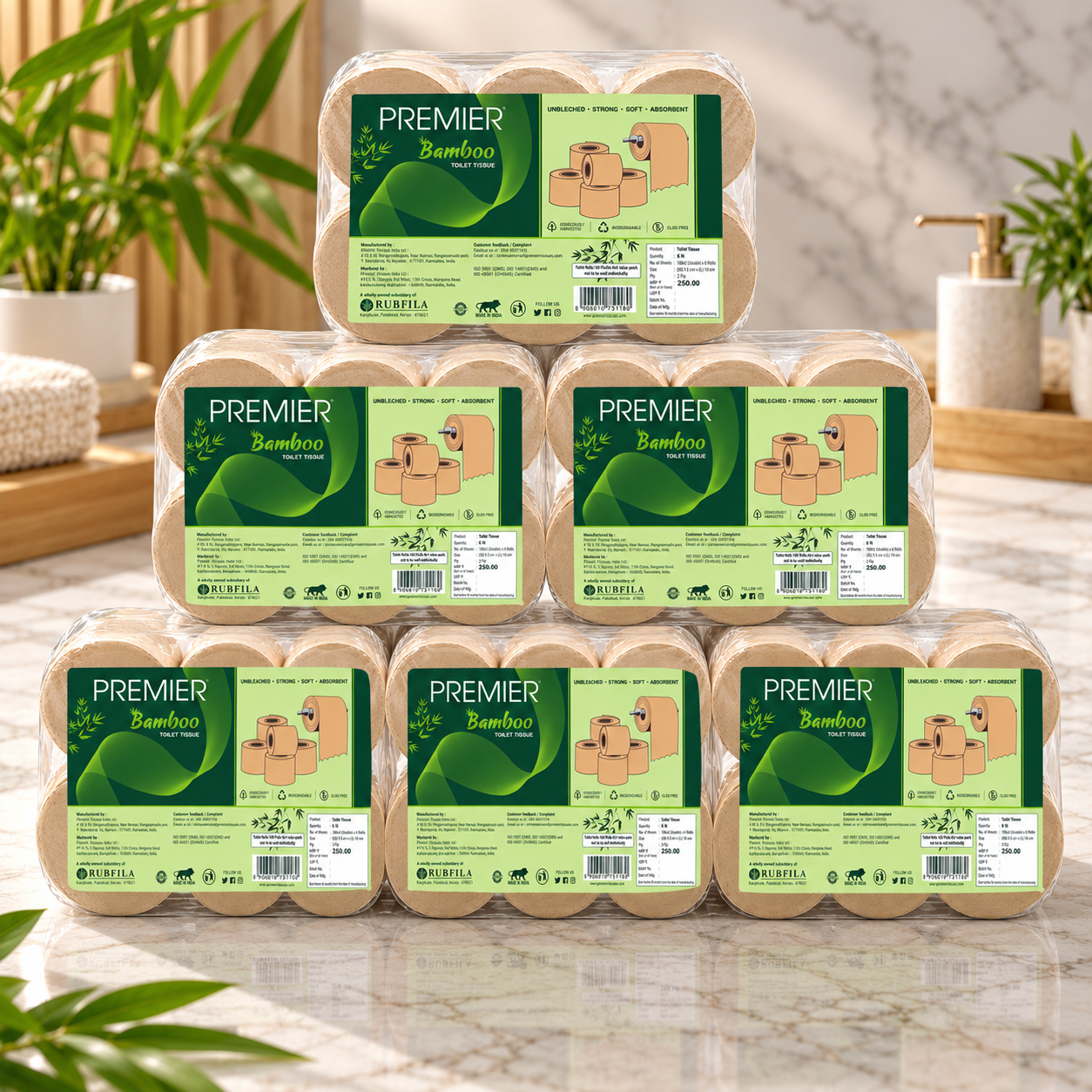 Premier Bamboo Toilet Roll 2 ply 180 Pulls 6x1 - Pack of 6