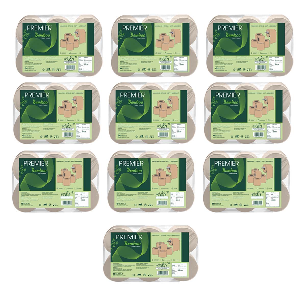 Premier Bamboo Toilet Roll 2 ply 180 Pulls 6X1 - Pack of 10