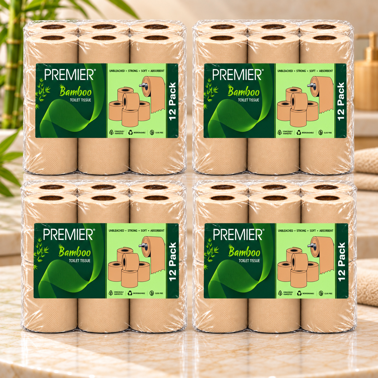 Premier Bamboo Toilet Rolls 2 ply 300 Pulls 12x1 - Pack of 4