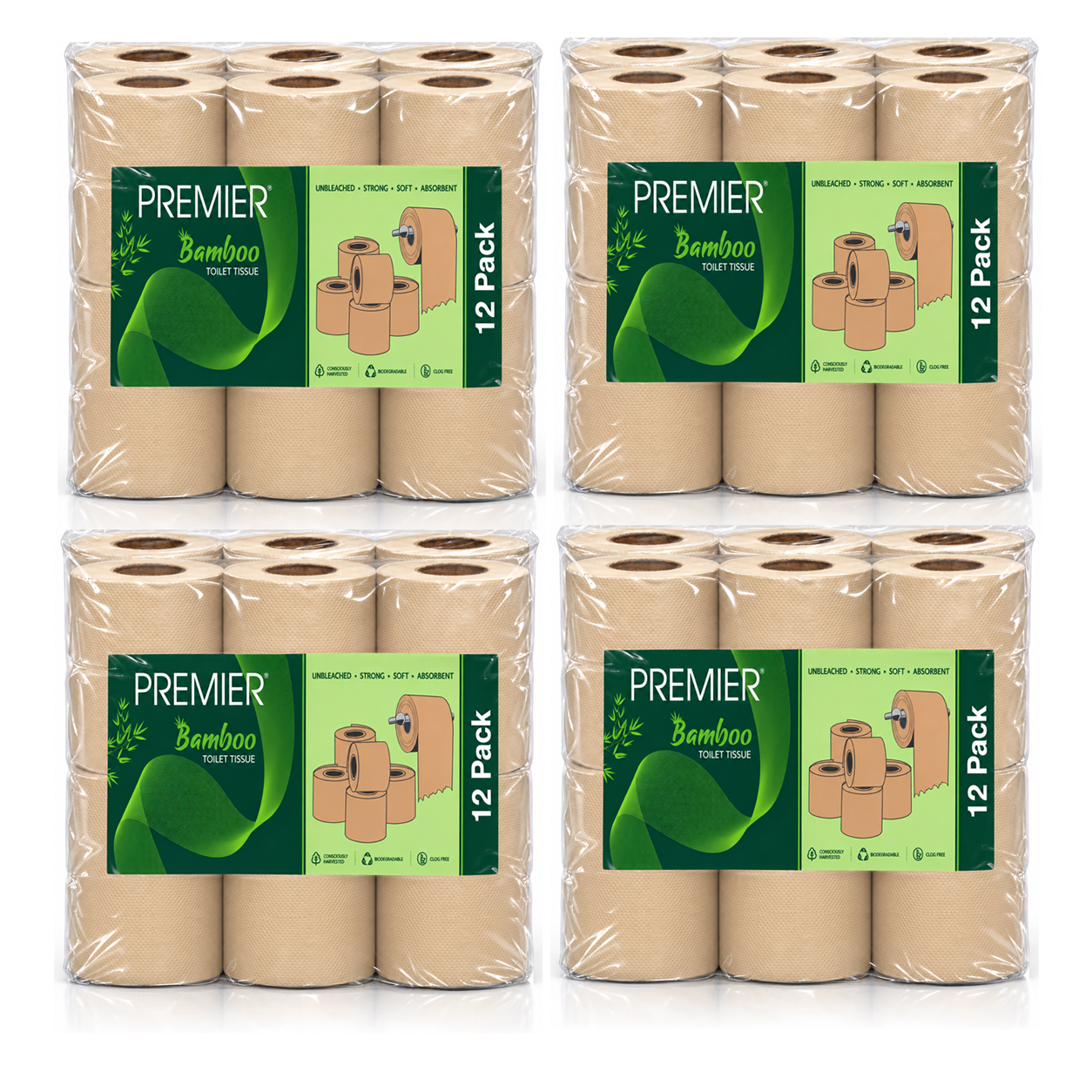 Premier Bamboo Toilet Rolls 2 ply 300 Pulls 12x1 - Pack of 4